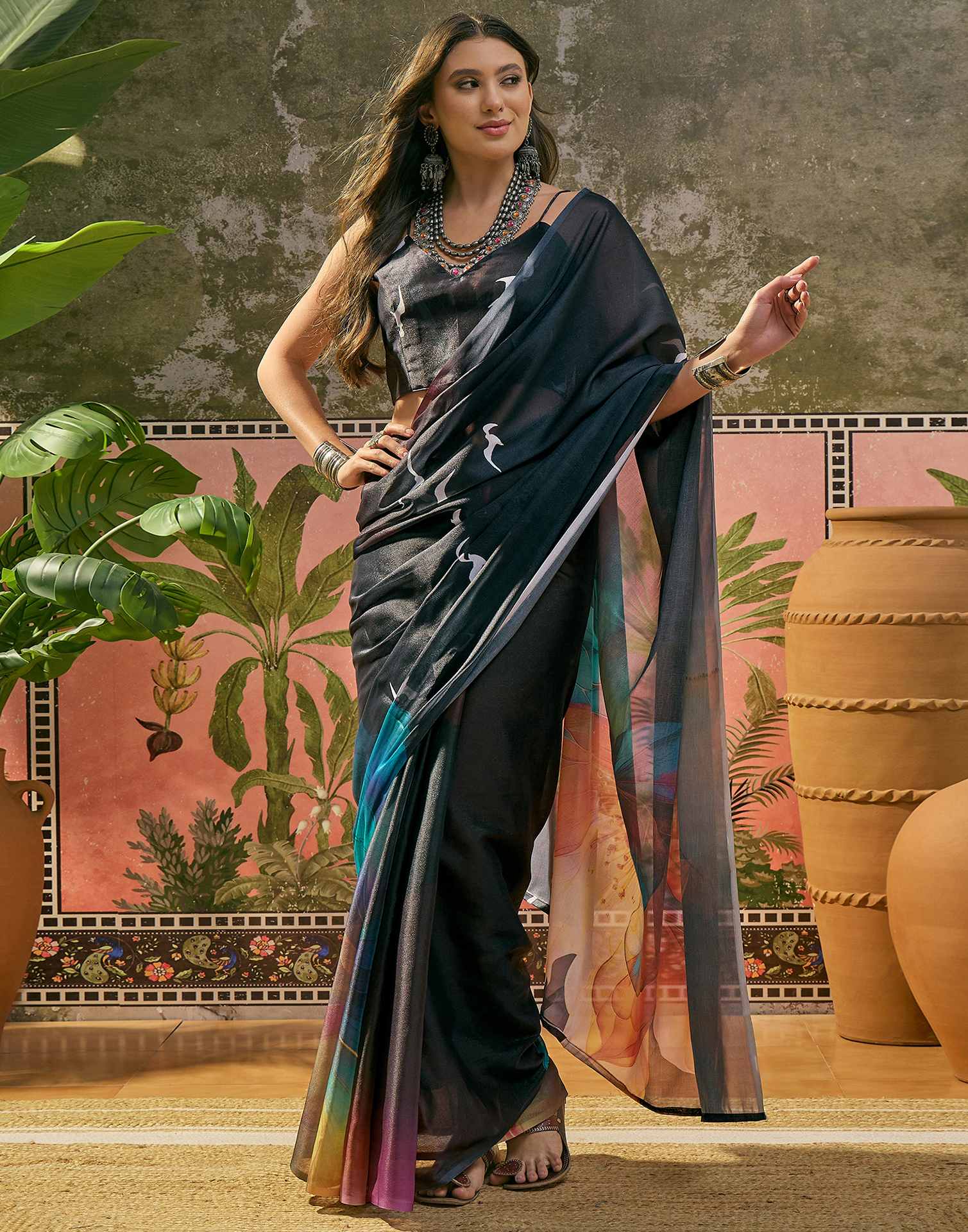 Black Shimmer Georgette Printed Saree 