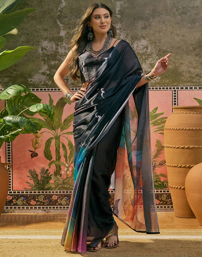 Black Shimmer Georgette Printed Saree 