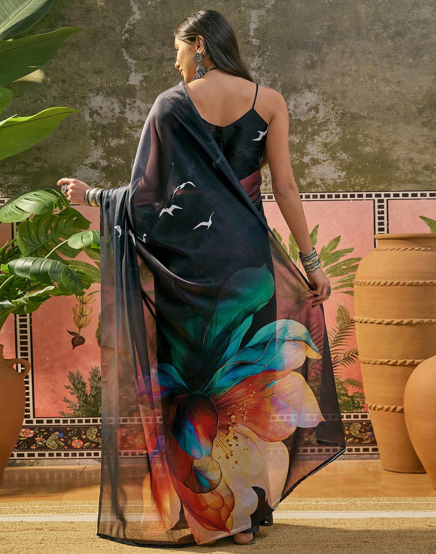 Black Shimmer Georgette Printed Saree 