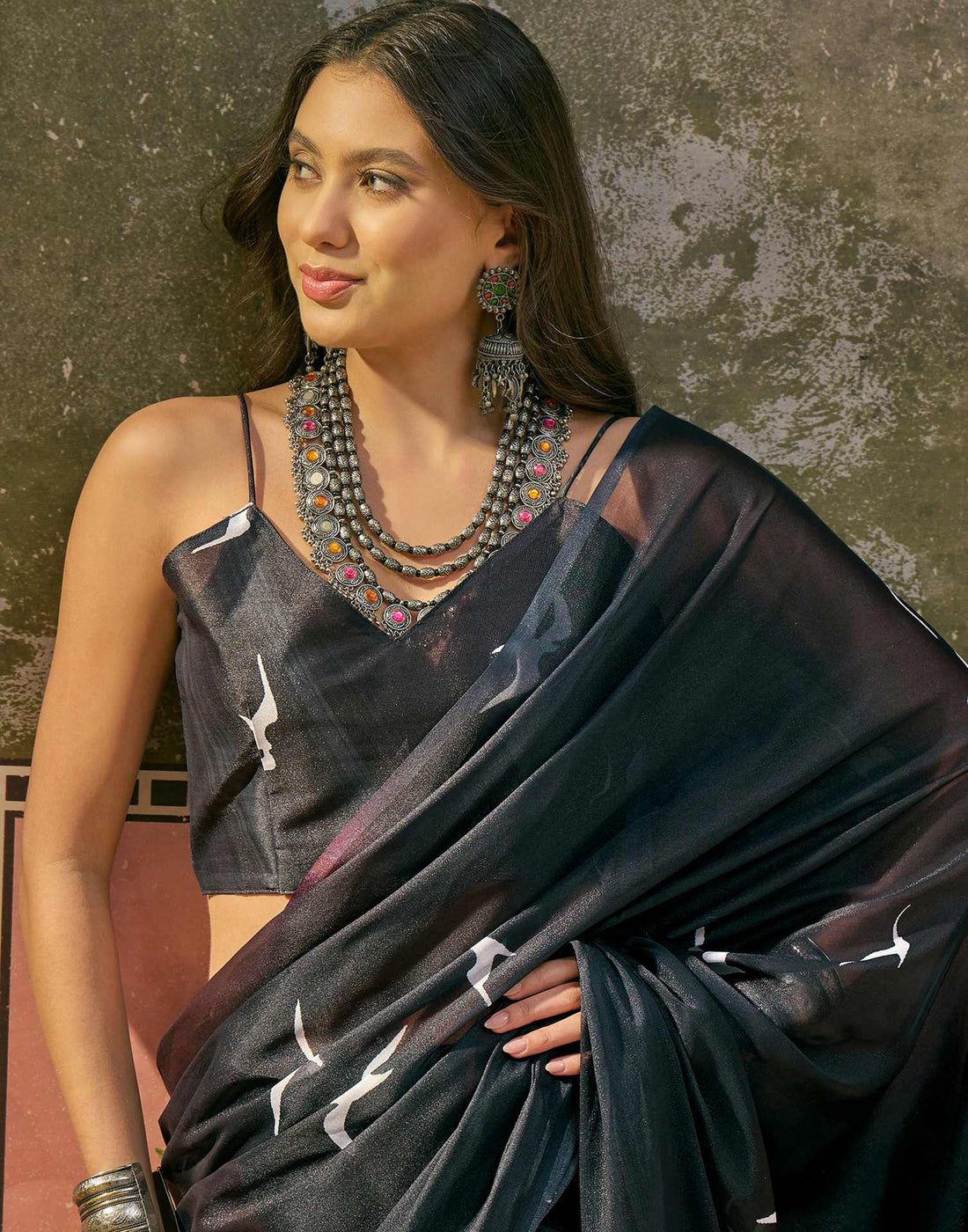 Black Shimmer Georgette Printed Saree 