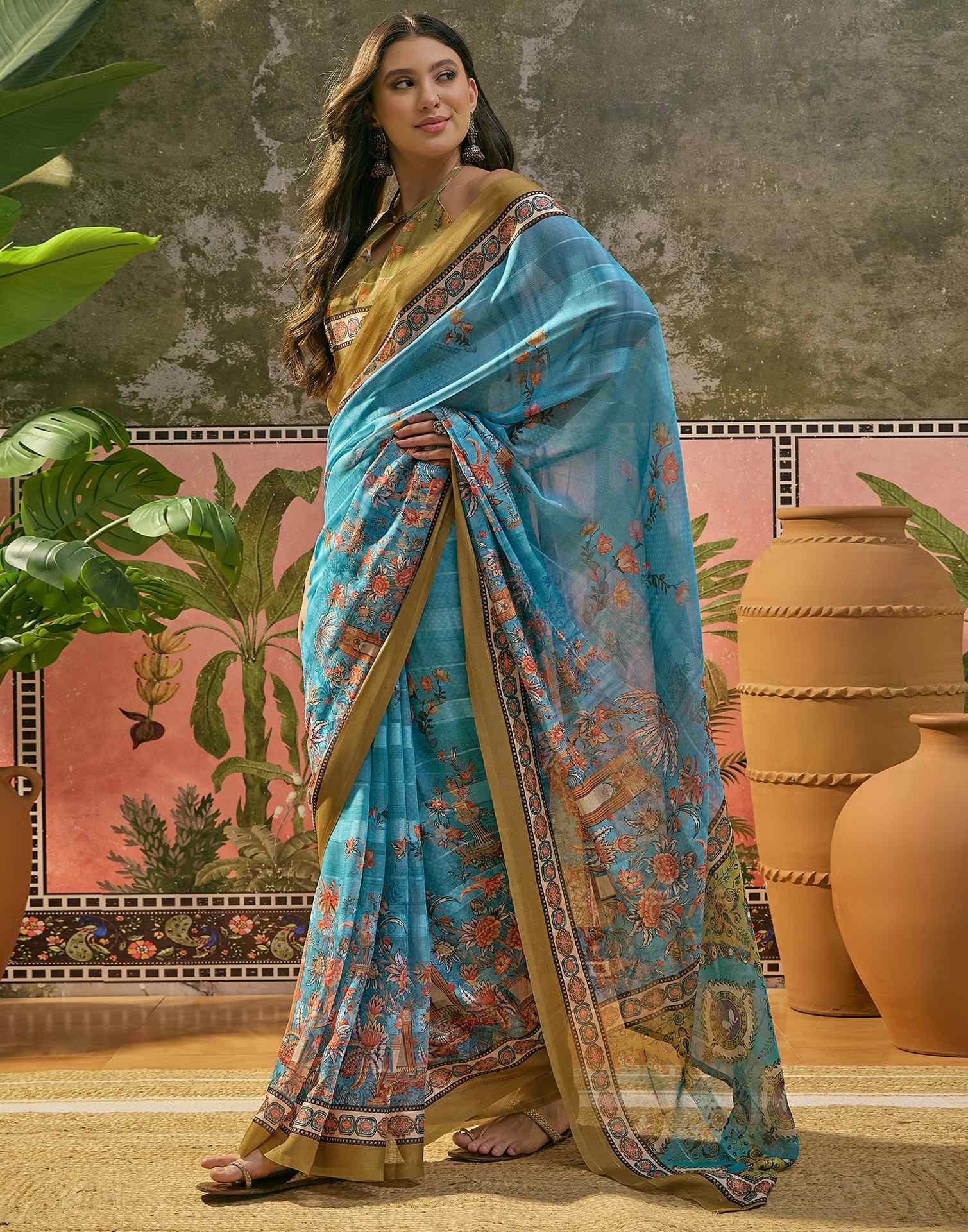Sky Blue Georgette Printed Saree