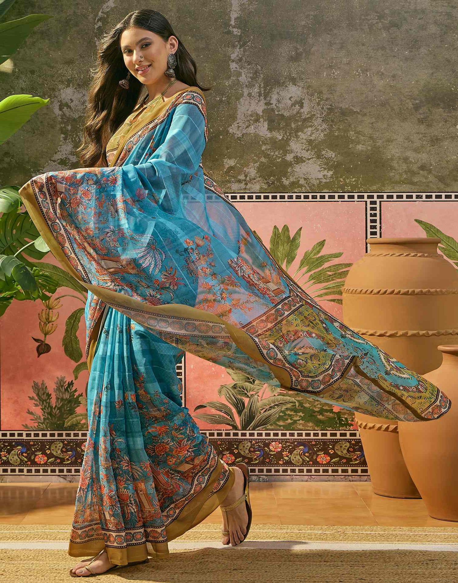Sky Blue Georgette Printed Saree