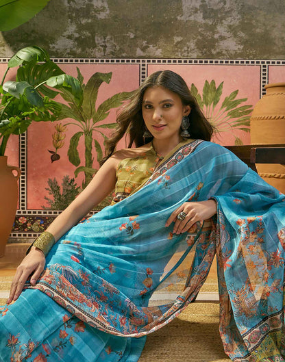 Sky Blue Georgette Printed Saree