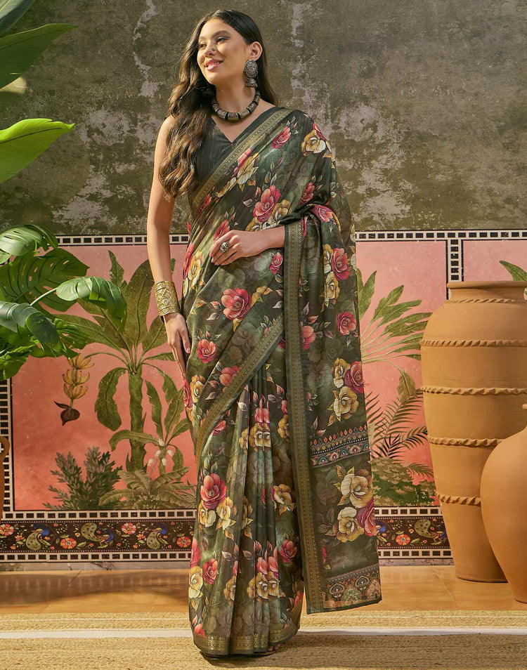 Bottle Green Silk Floral Printed Zari Stripe Saree