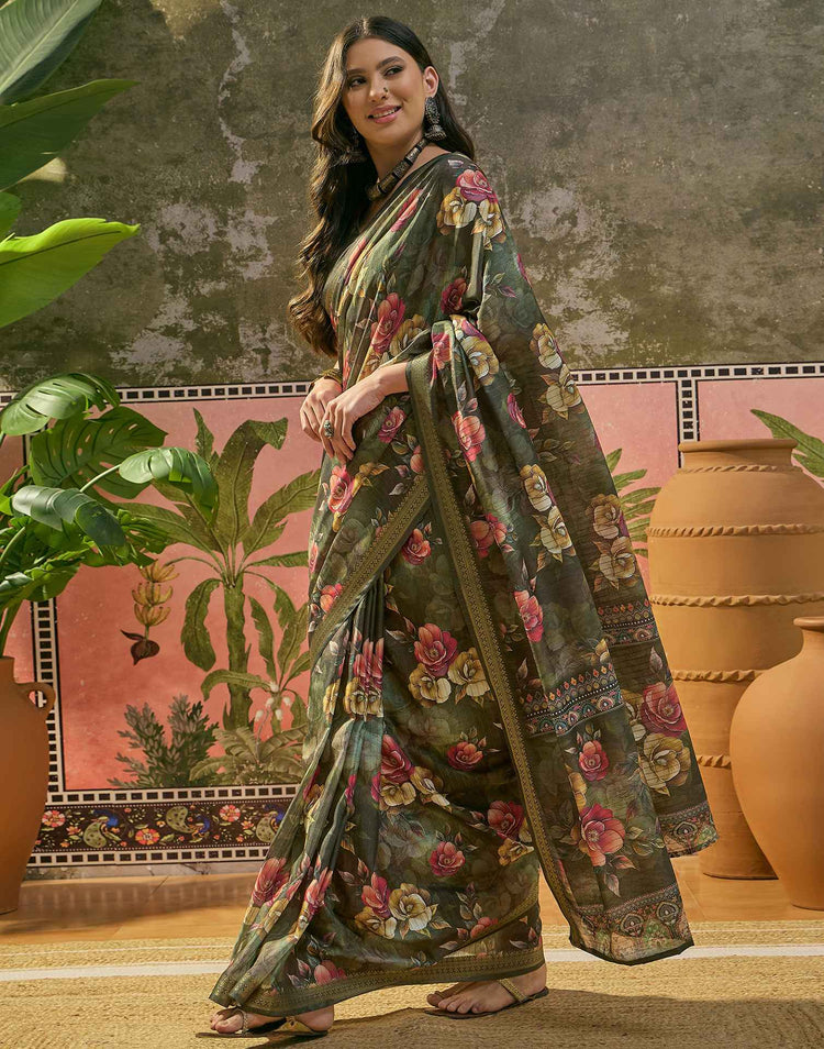 Bottle Green Silk Floral Printed Zari Stripe Saree