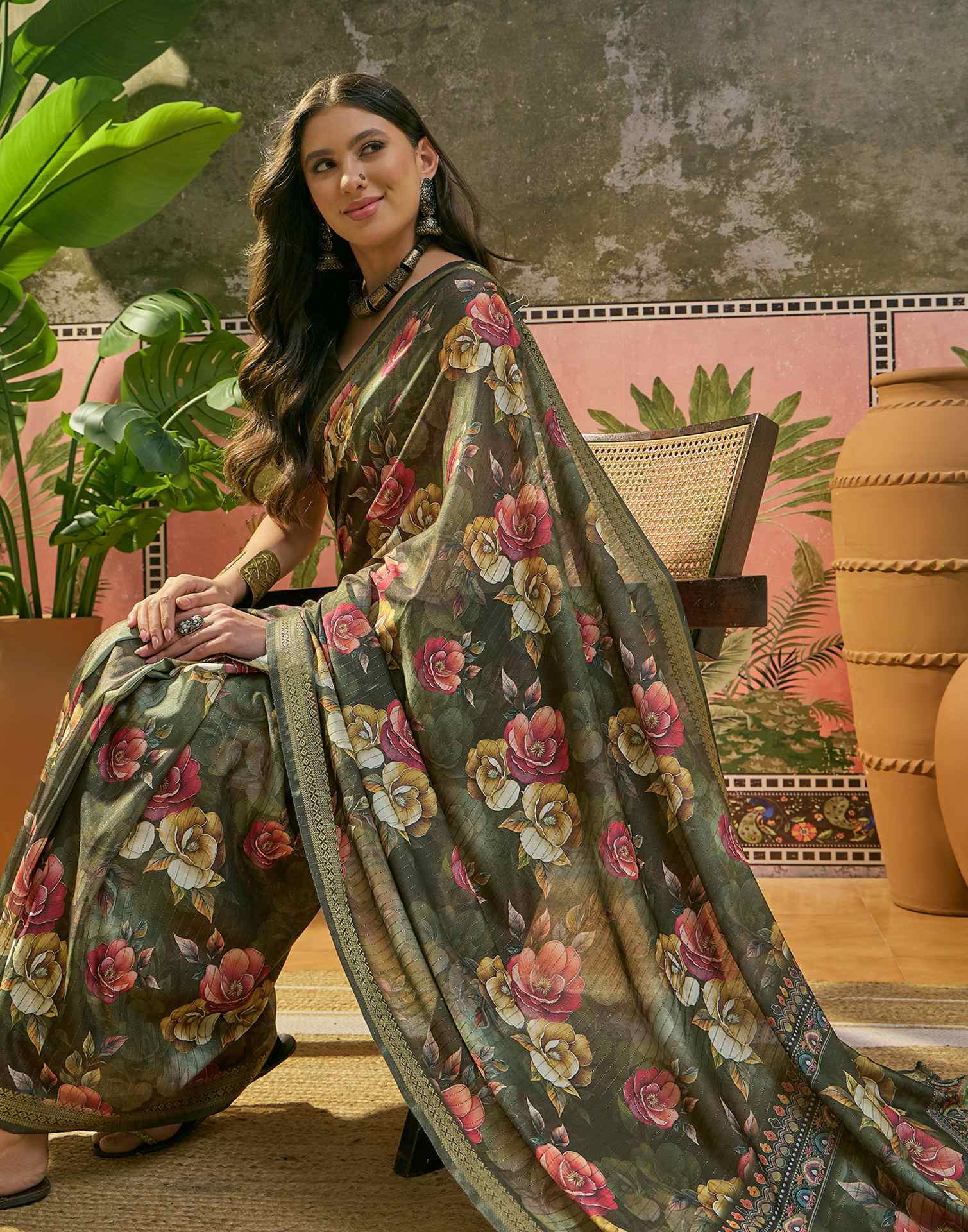 Bottle Green Silk Floral Printed Zari Stripe Saree