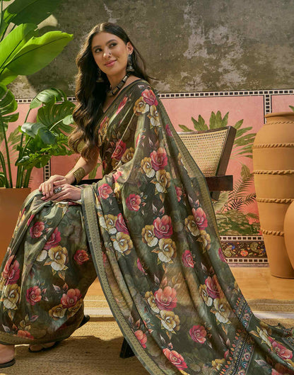 Bottle Green Silk Floral Printed Zari Stripe Saree