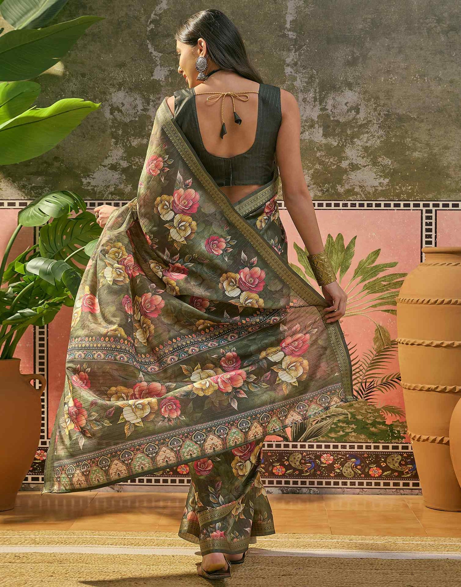 Bottle Green Silk Floral Printed Zari Stripe Saree