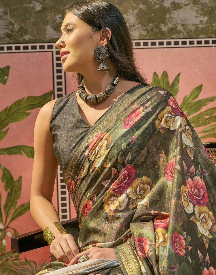 Bottle Green Silk Floral Printed Zari Stripe Saree