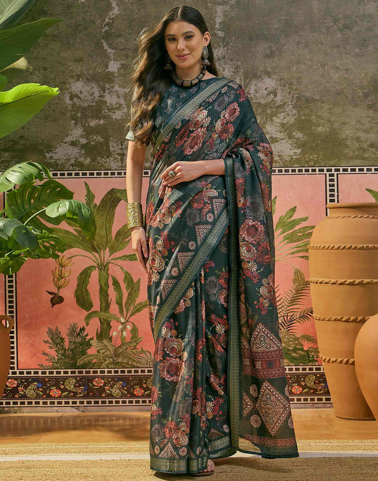 Dark Rama Blue Silk Floral Printed Zari Stripe Saree