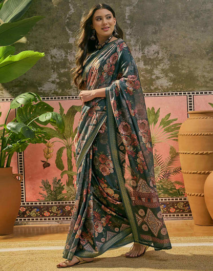 Dark Rama Blue Silk Floral Printed Zari Stripe Saree