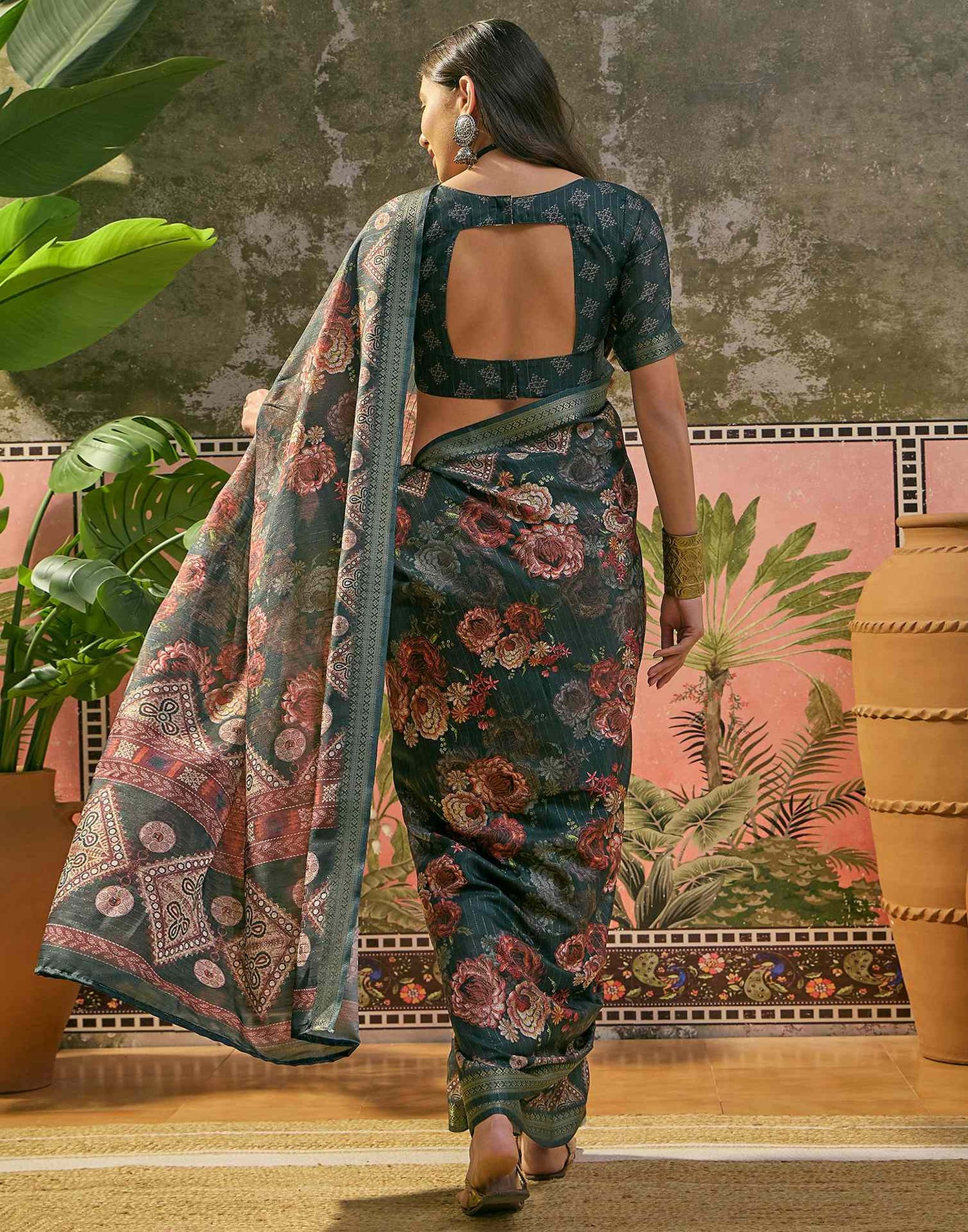 Dark Rama Blue Silk Floral Printed Zari Stripe Saree
