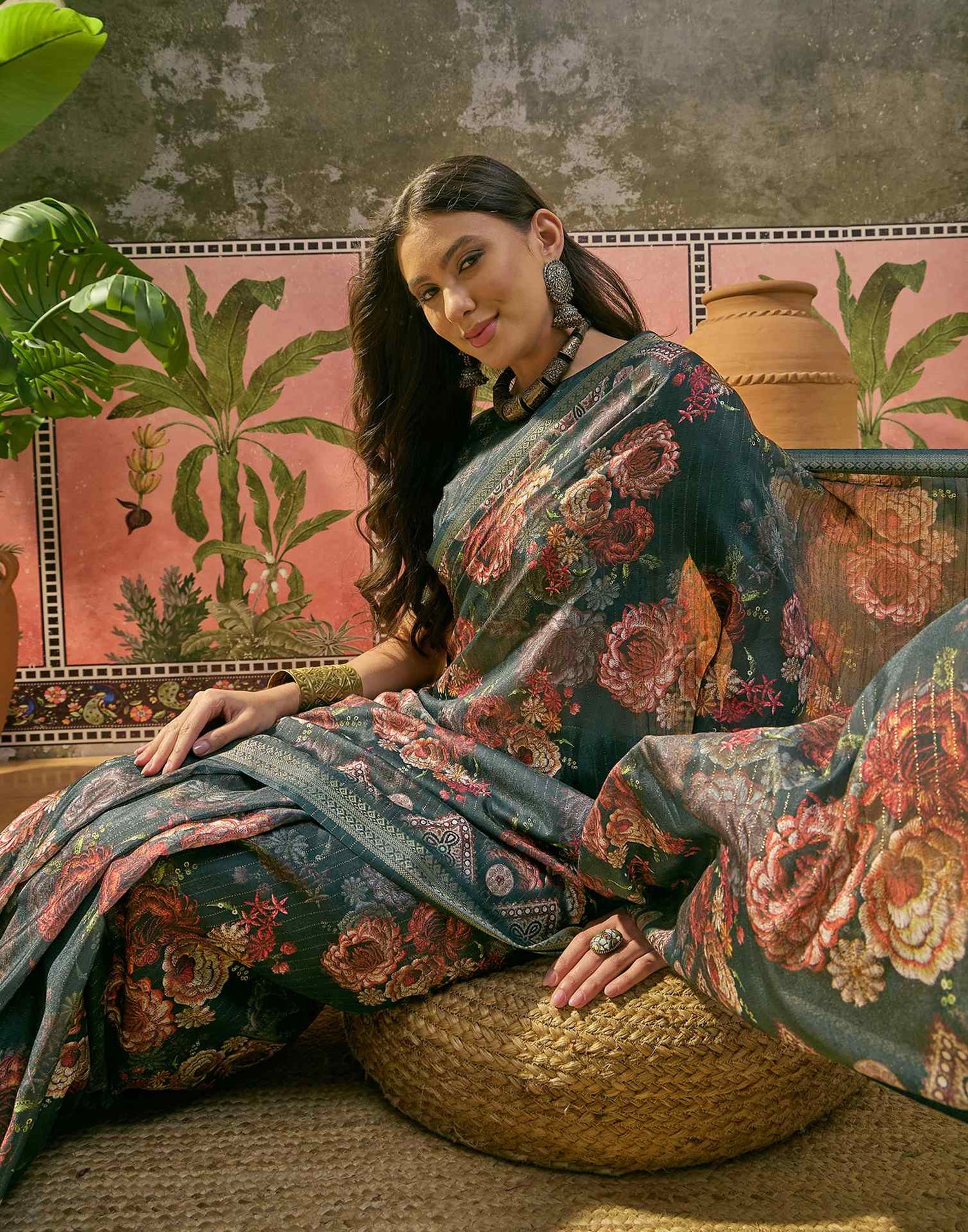 Dark Rama Blue Silk Floral Printed Zari Stripe Saree