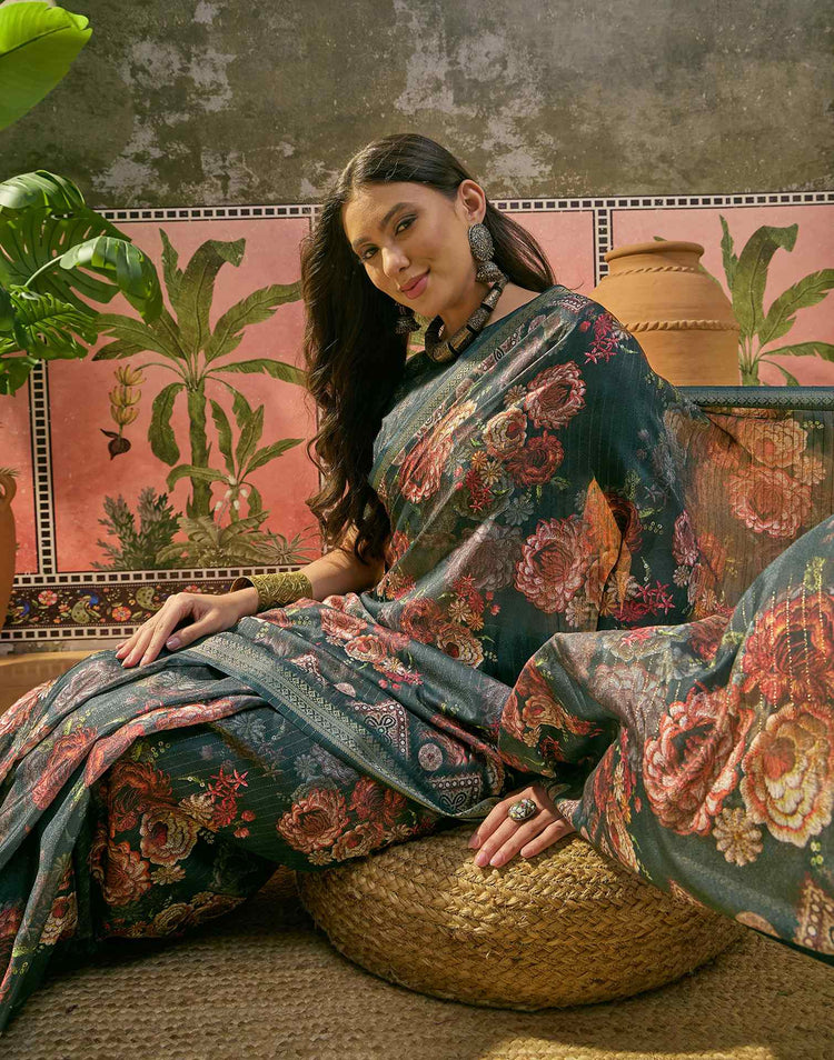 Dark Rama Blue Silk Floral Printed Zari Stripe Saree
