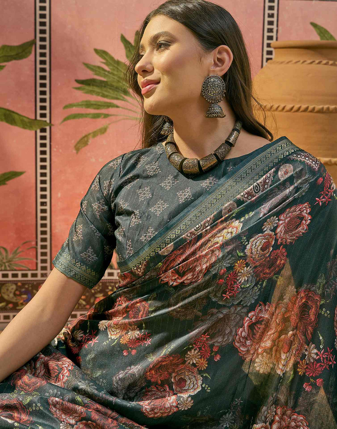 Dark Rama Blue Silk Floral Printed Zari Stripe Saree