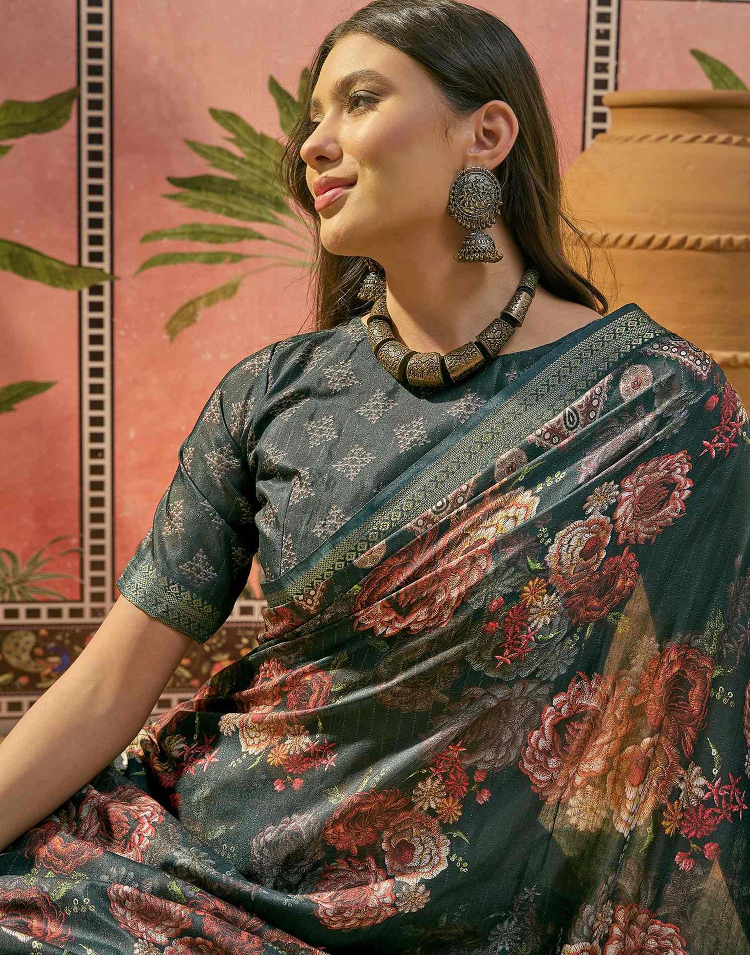 Dark Rama Blue Silk Floral Printed Zari Stripe Saree