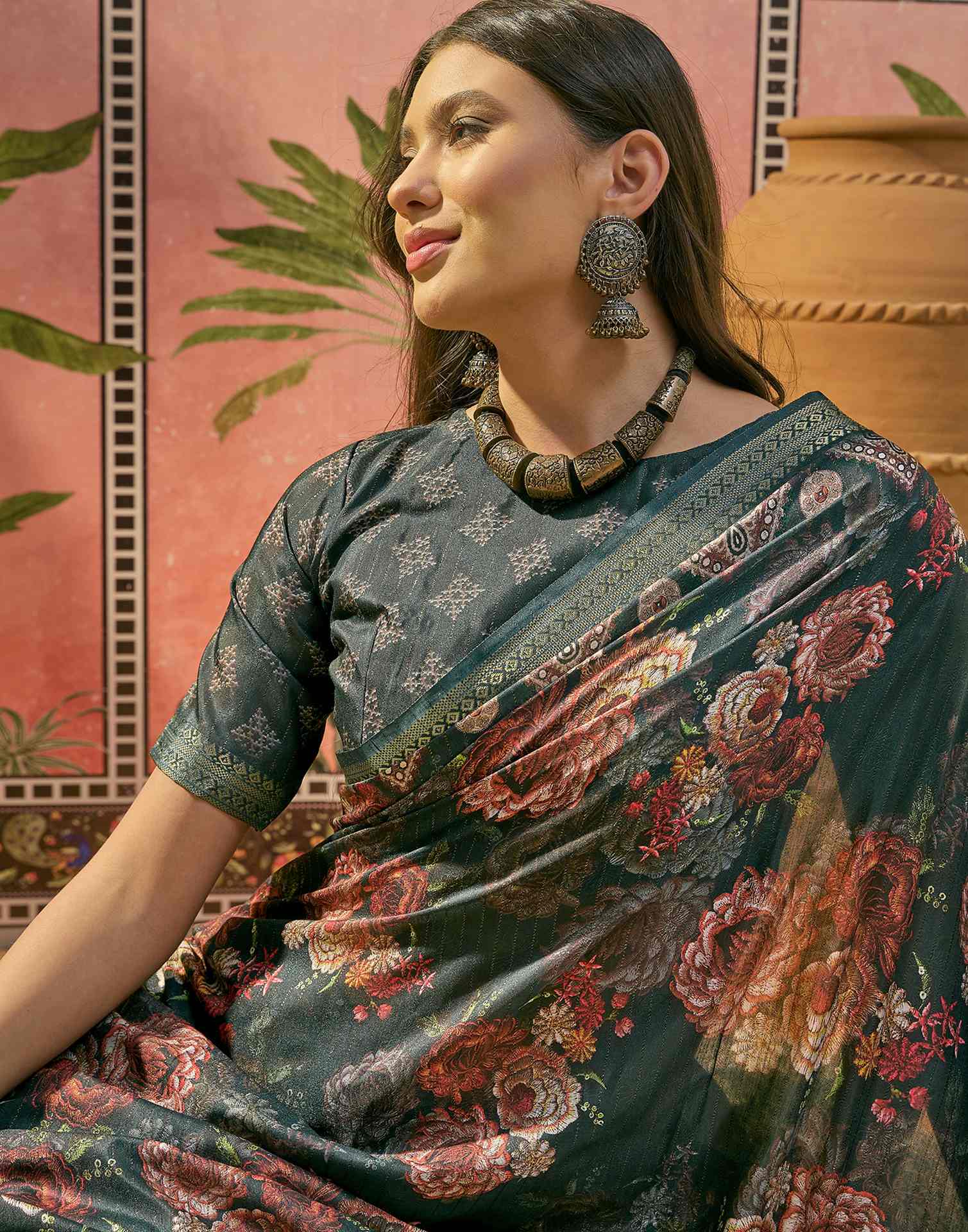 Dark Rama Blue Silk Floral Printed Zari Stripe Saree