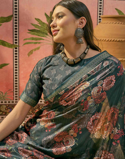 Dark Rama Blue Silk Floral Printed Zari Stripe Saree