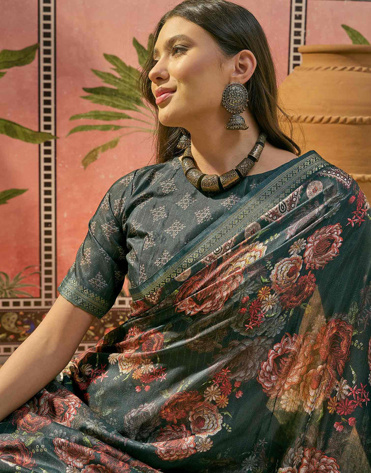 Dark Rama Blue Silk Floral Printed Zari Stripe Saree