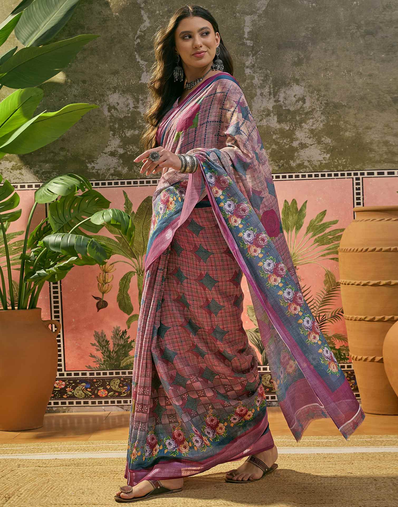 Multicoloured Linen Printed Saree