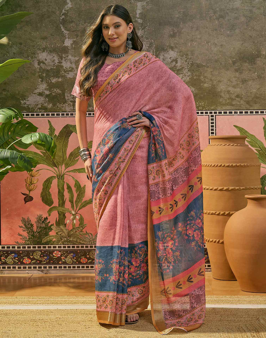 Dark Rama Blue Linen Printed Saree