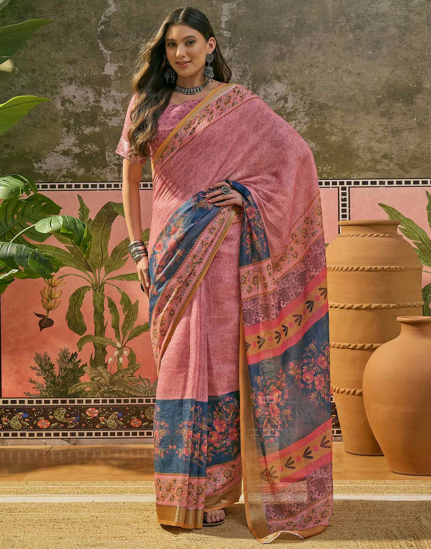 Dark Rama Blue Linen Printed Saree