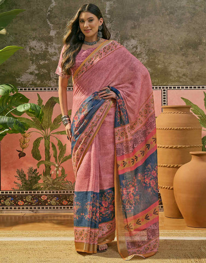 Dark Rama Blue Linen Printed Saree