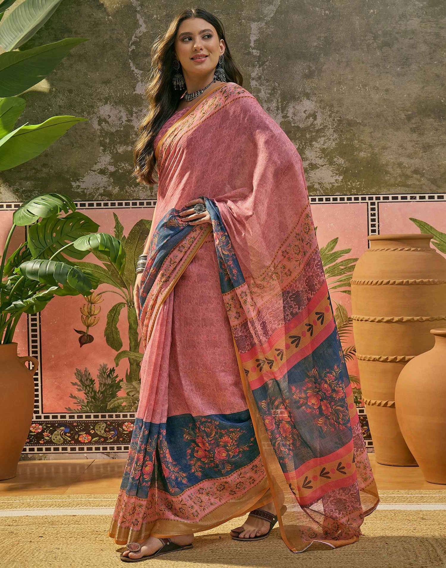 Dark Rama Blue Linen Printed Saree