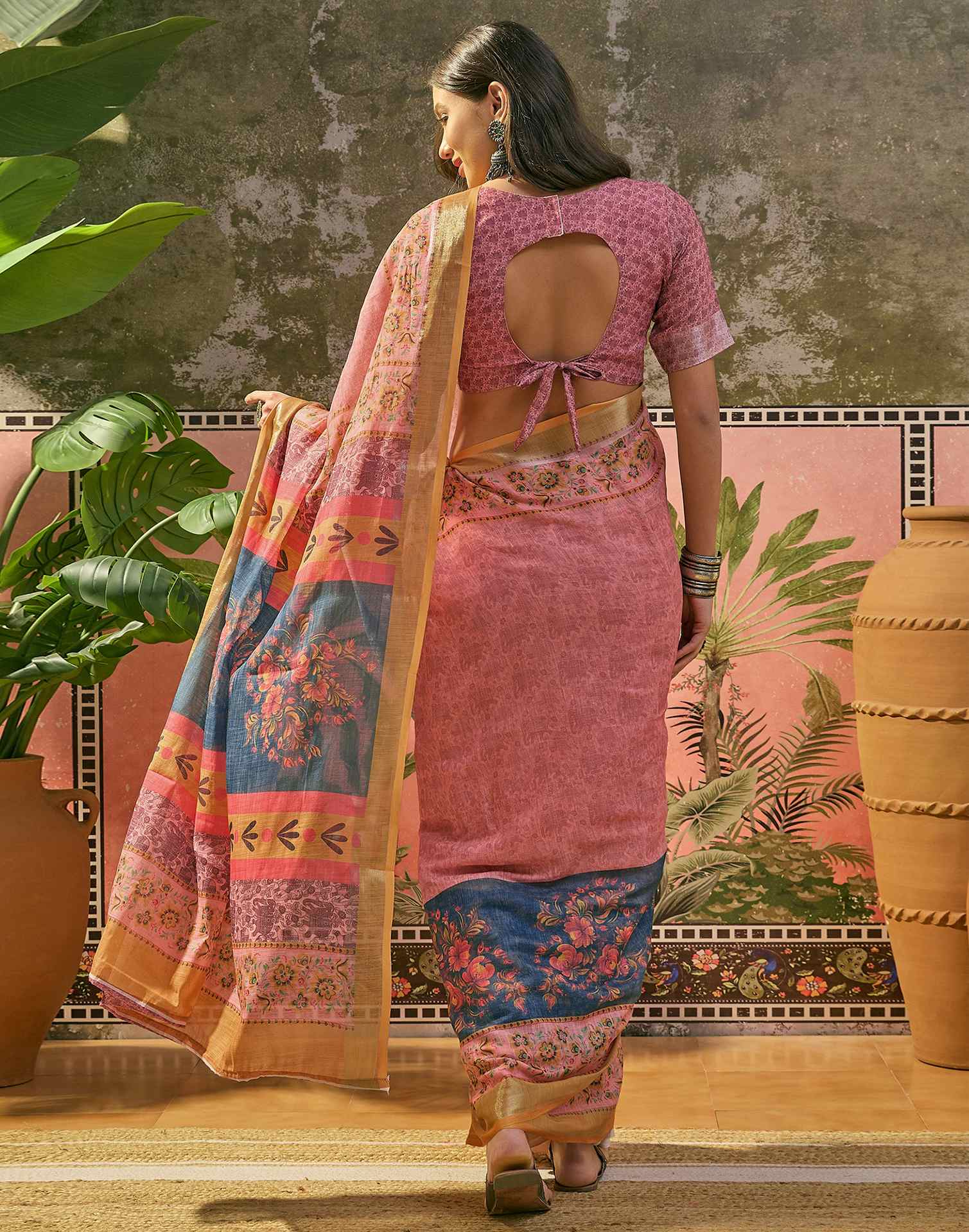 Dark Rama Blue Linen Printed Saree