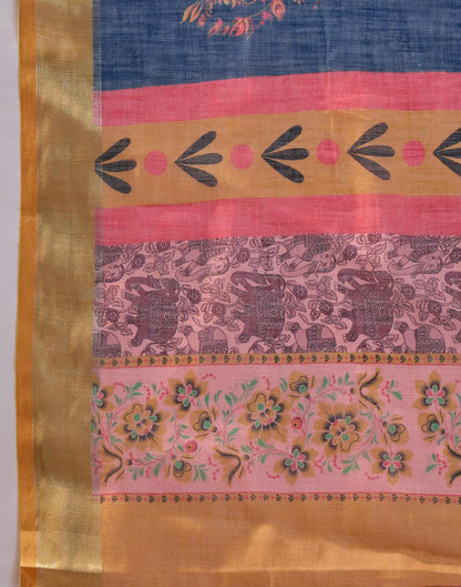 Dark Rama Blue Linen Printed Saree