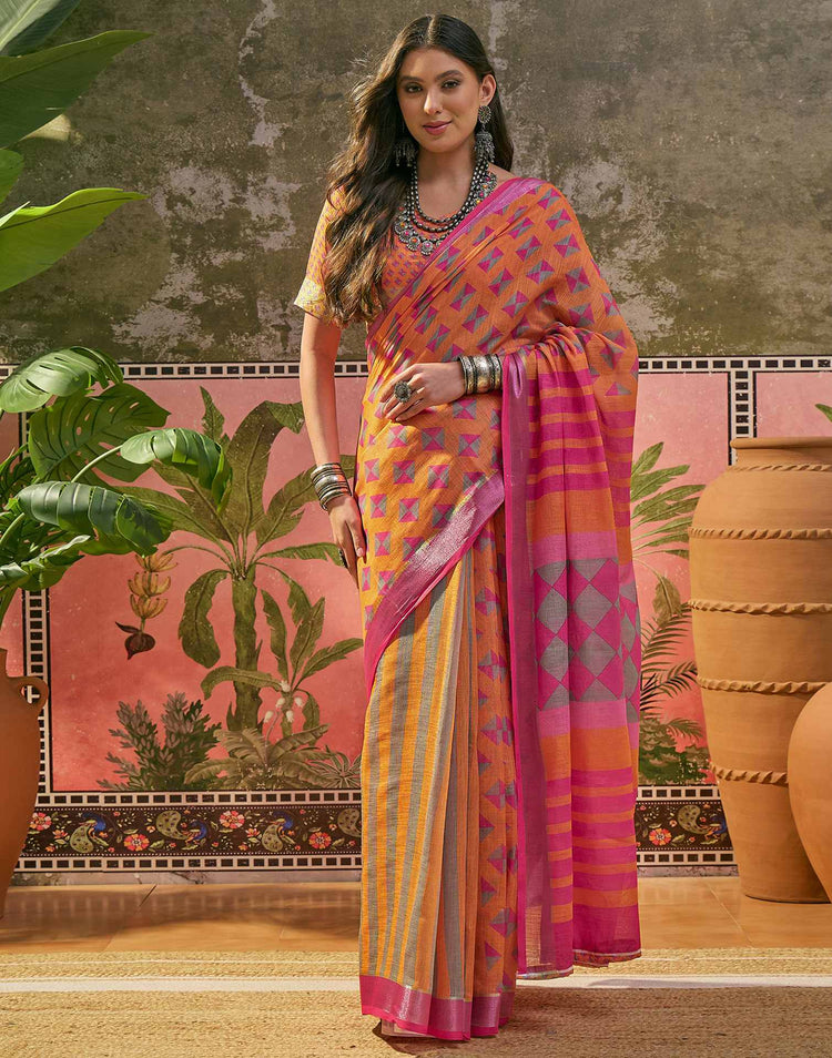 Orange Linen Printed Saree