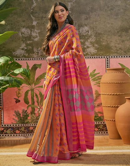 Orange Linen Printed Saree