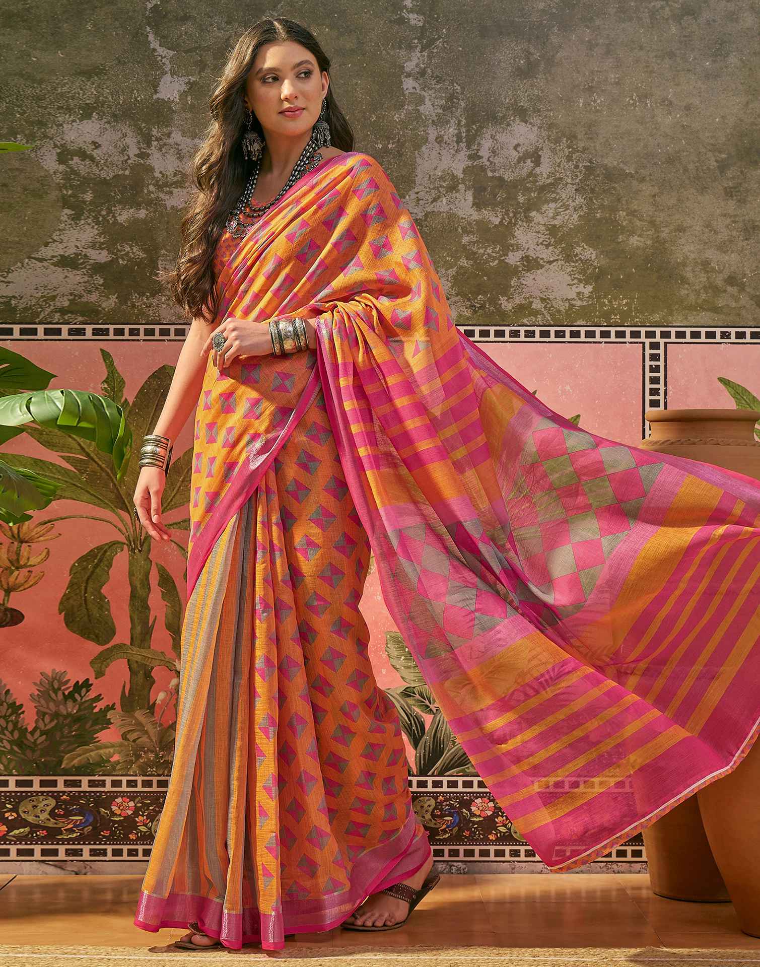 Orange Linen Printed Saree