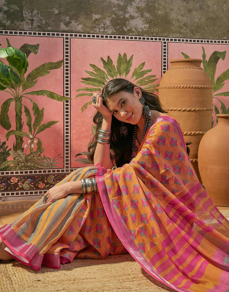 Orange Linen Printed Saree