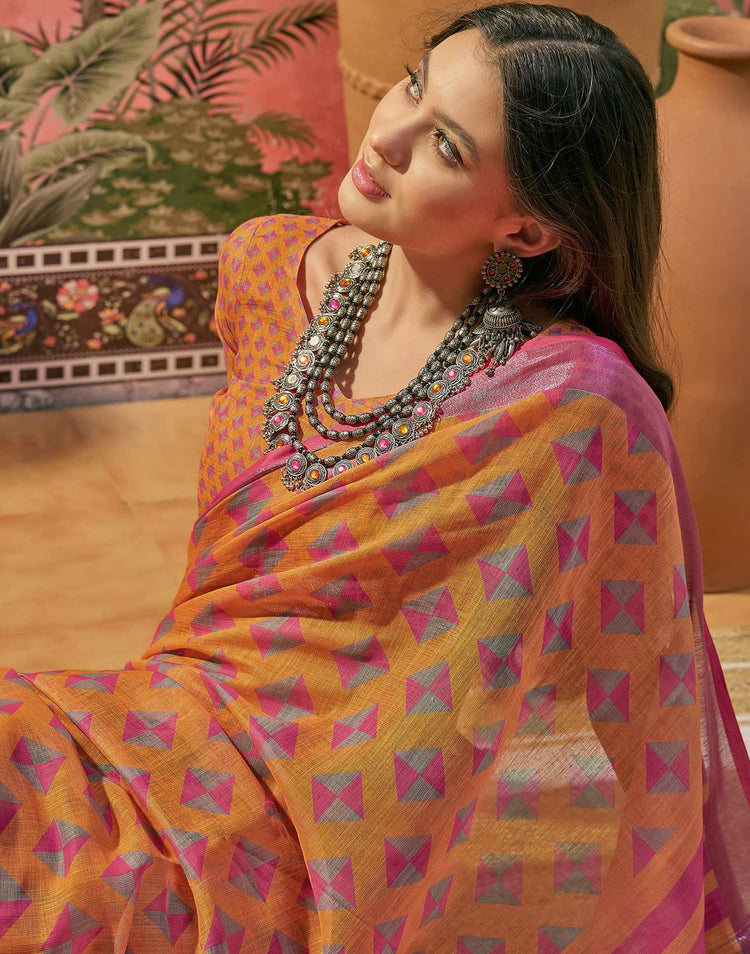 Orange Linen Printed Saree