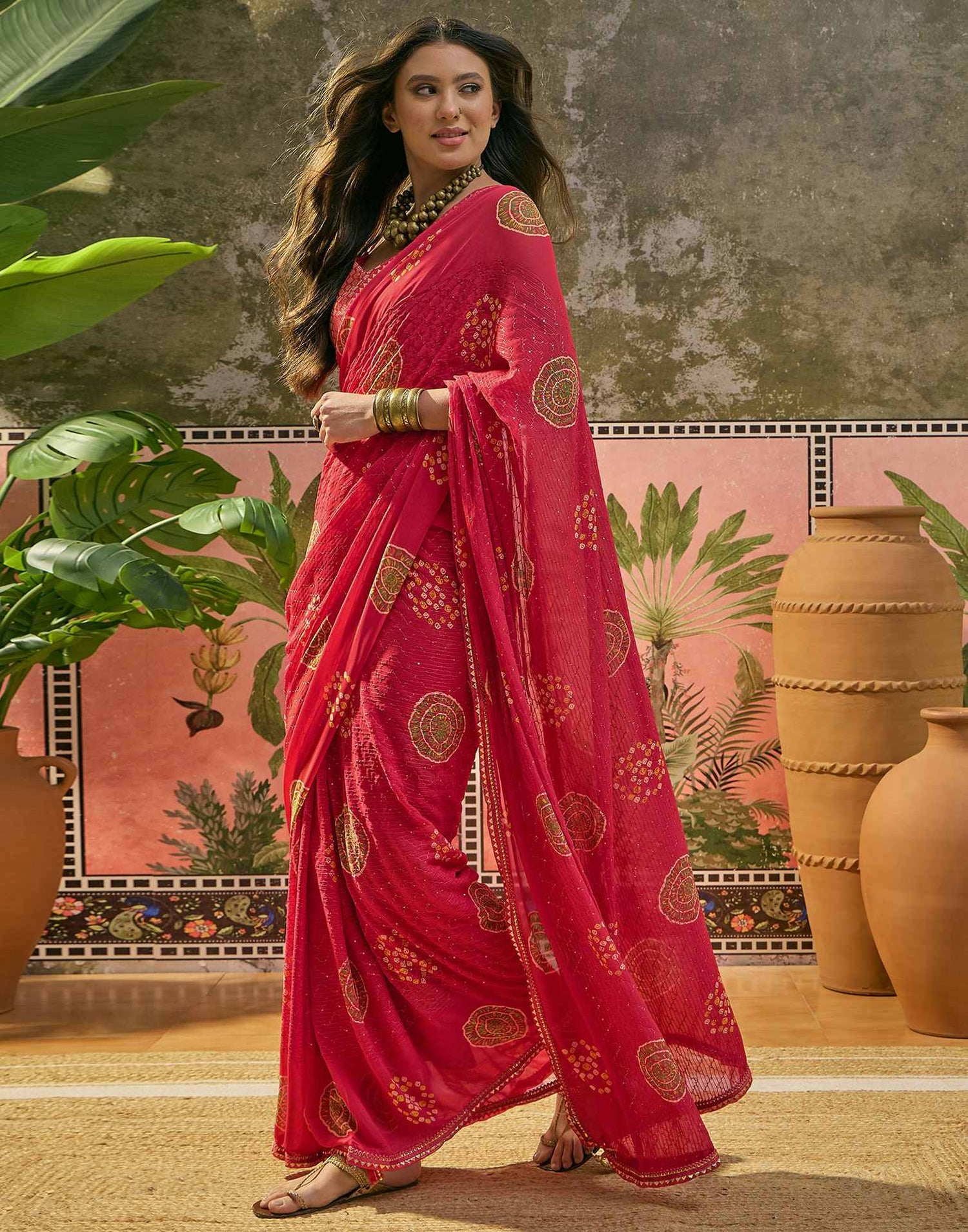 Red Georgette Printed Sequence Embroidery Saree