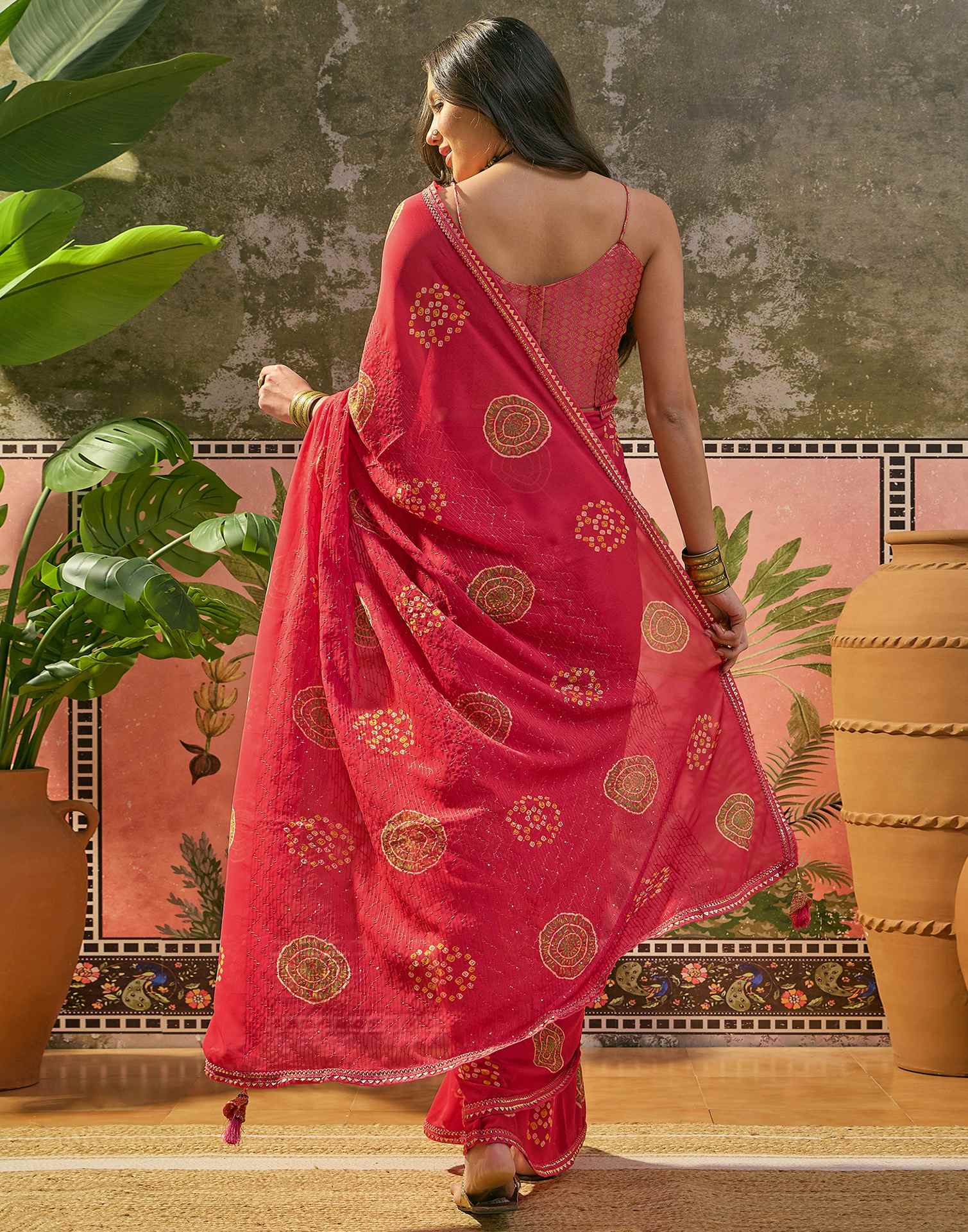 Red Georgette Printed Sequence Embroidery Saree
