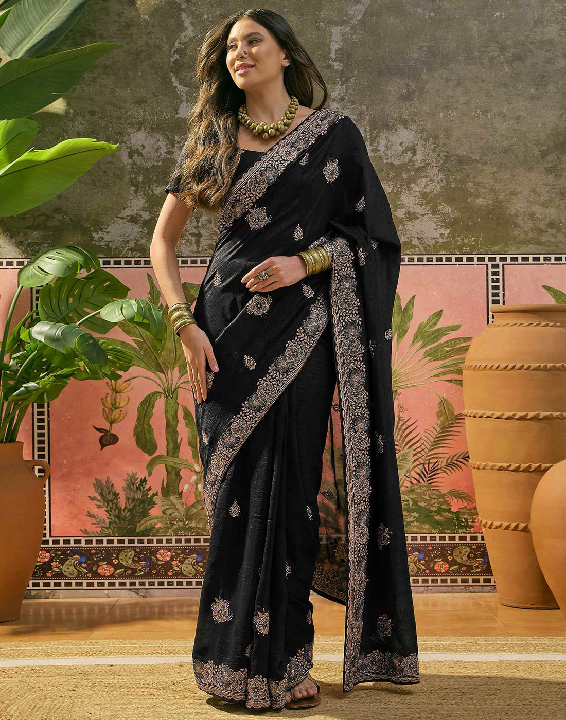 Black Vichitra Silk Stone Work Embroidery Saree