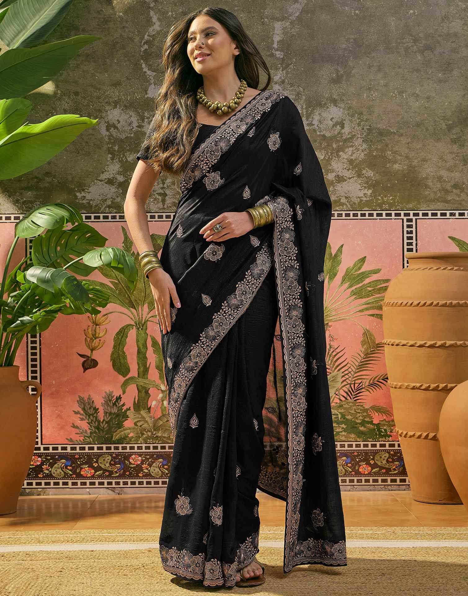 Black Vichitra Silk Stone Work Embroidery Saree