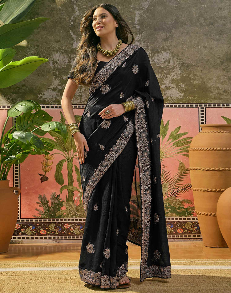 Black Vichitra Silk Stone Work Embroidery Saree