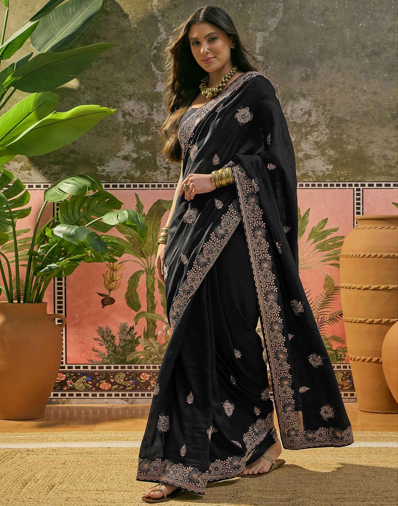 Black Vichitra Silk Stone Work Embroidery Saree
