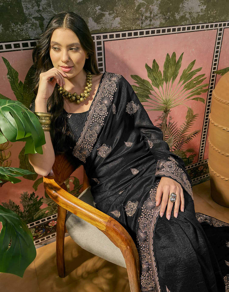 Black Vichitra Silk Stone Work Embroidery Saree