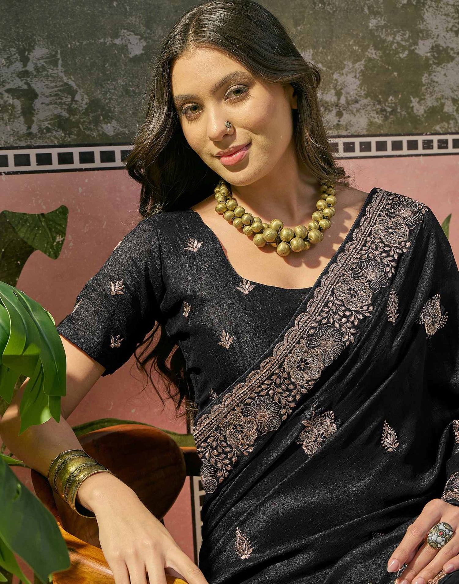 Black Vichitra Silk Stone Work Embroidery Saree