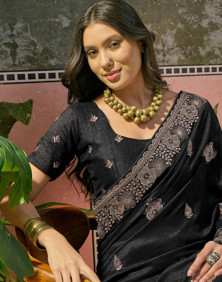 Black Vichitra Silk Stone Work Embroidery Saree
