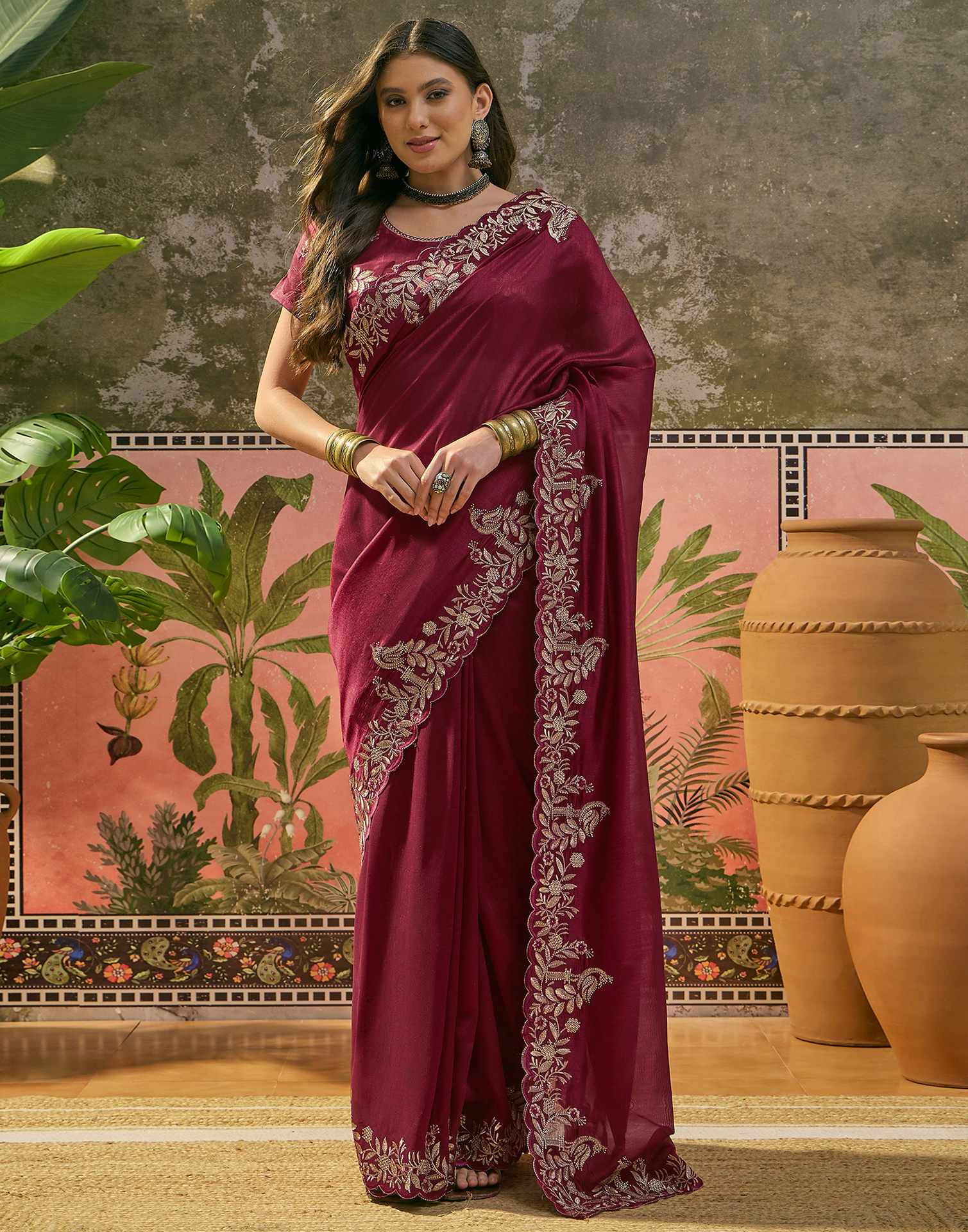 Maroon Vichitra Silk Stone Work Embroidery Saree