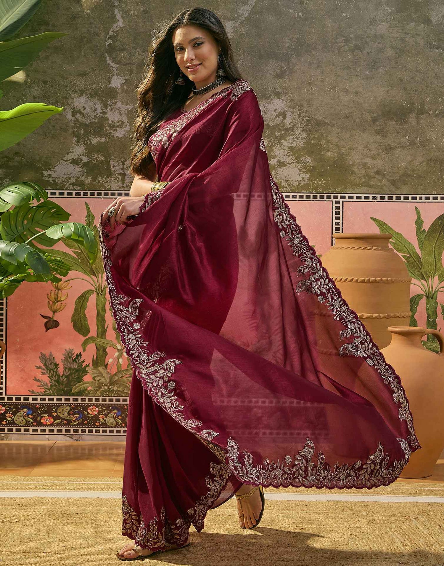Maroon Vichitra Silk Stone Work Embroidery Saree
