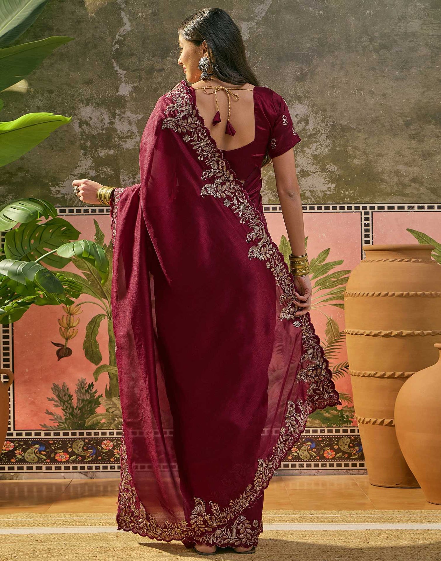 Maroon Vichitra Silk Stone Work Embroidery Saree