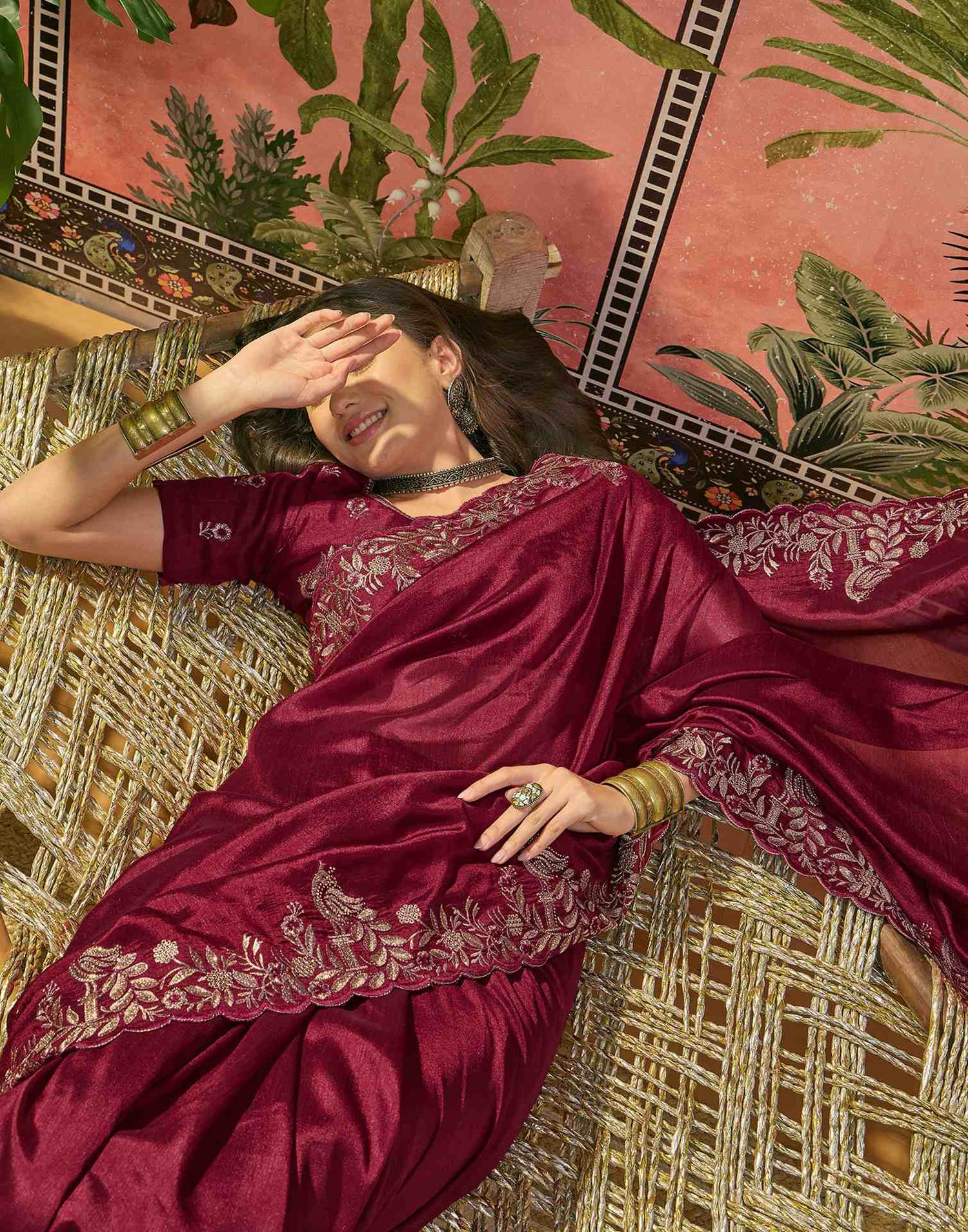 Maroon Vichitra Silk Stone Work Embroidery Saree