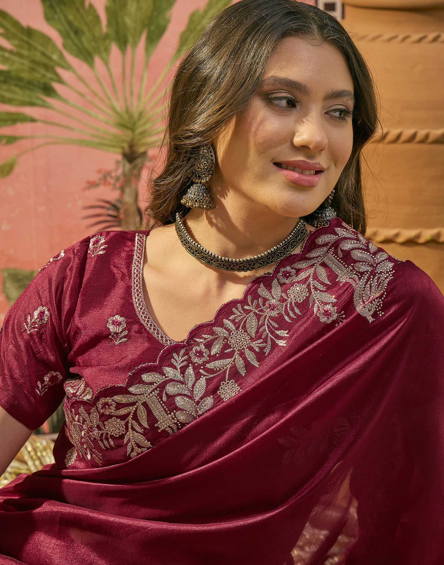 Maroon Vichitra Silk Stone Work Embroidery Saree