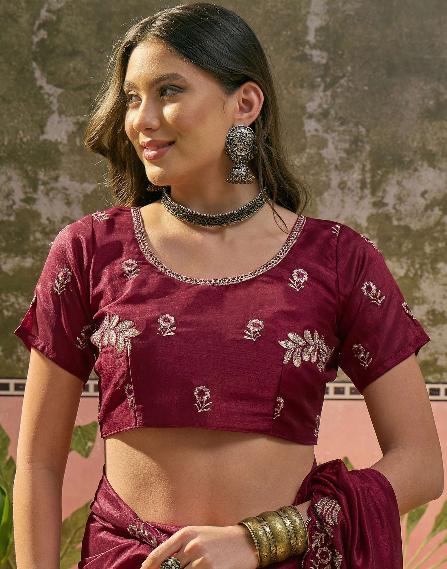 Maroon Vichitra Silk Stone Work Embroidery Saree